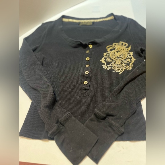 COOGI Black Long Sleeve Henley with Gold Embroidery - Picture 2 of 9